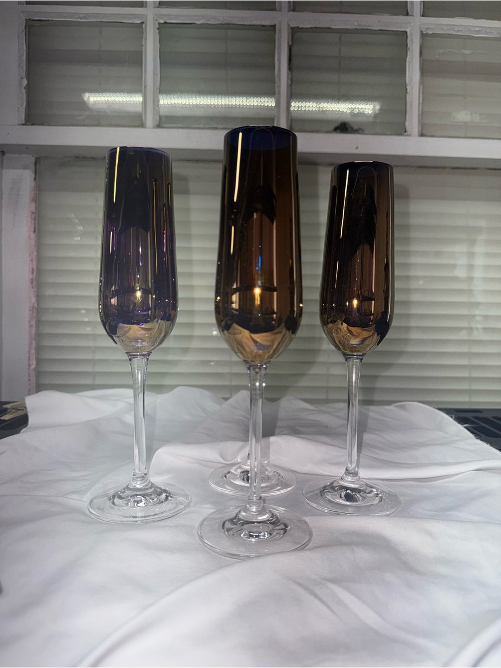 VTG set cobalt glass mirrored finish champagne flutes